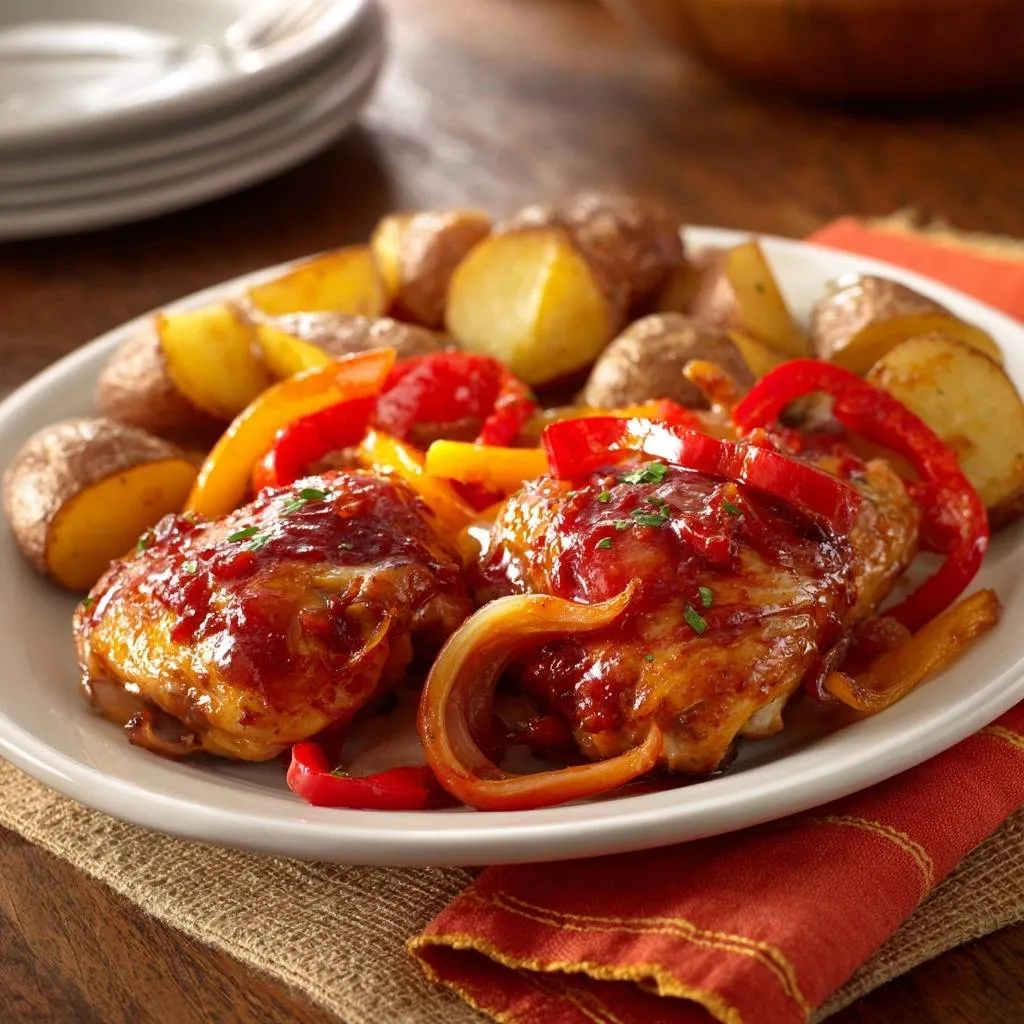 Sheet pan glazed chicken thighs with peppers and potatoes plated with a close-up view of the glistening sauce.