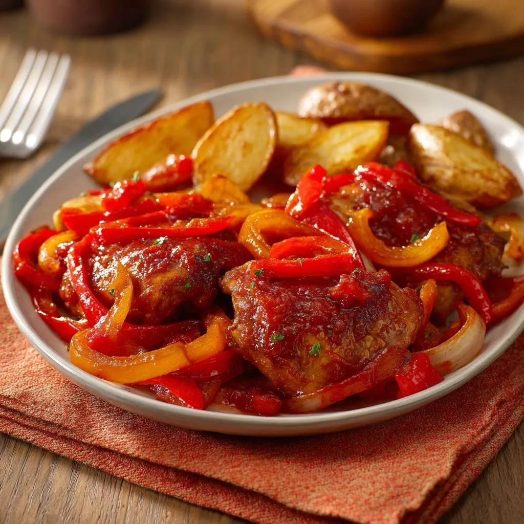 Sheet Pan Glazed Chicken Thighs with Peppers and Potatoes - recipe image