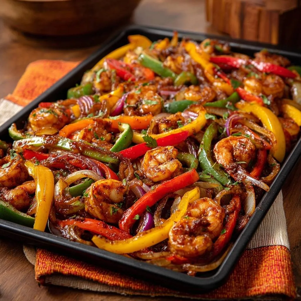 Sheet pan shrimp fajitas featuring colorful bell peppers and onions, presented in an overhead view on a dark baking sheet.