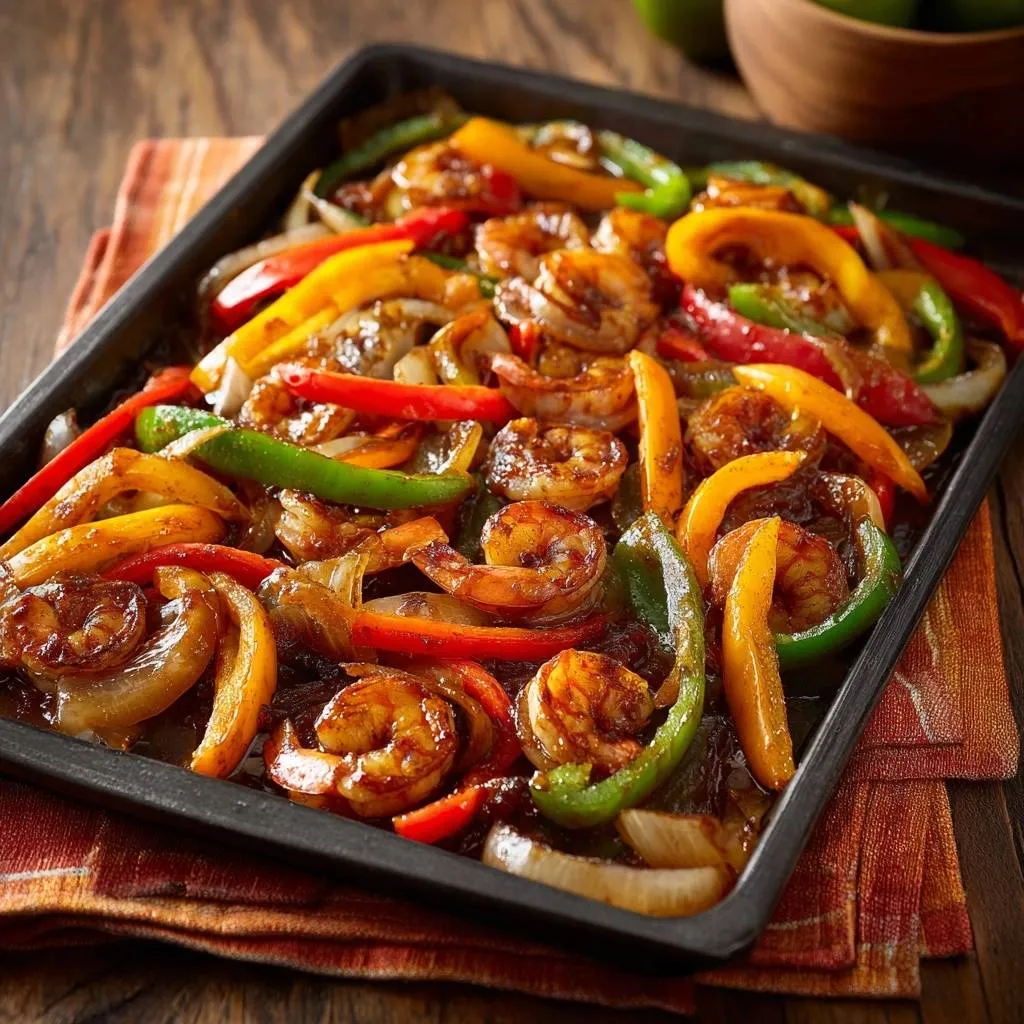 Sheet pan shrimp fajitas featuring colorful bell peppers and onions roasted together on a dark baking sheet.