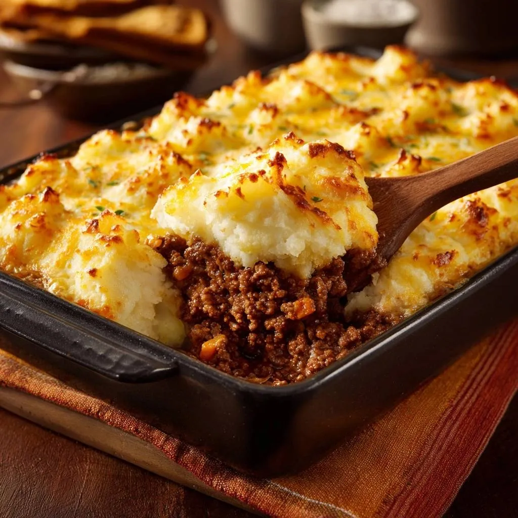 Shepherd's pie with a scoop removed to show the meat and potato layers inside.