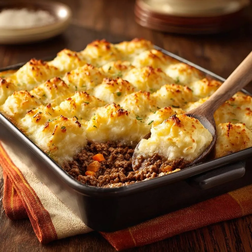 Shepherd's pie with a spoonful revealing the savory meat and carrot filling beneath the fluffy mashed potato topping.