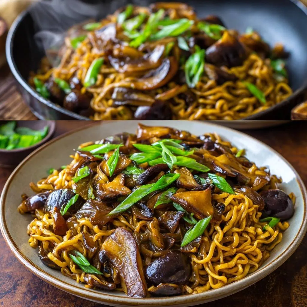 Shiitake mushroom lo mein served on a plate, showcasing noodles, mushrooms, and green onions.
