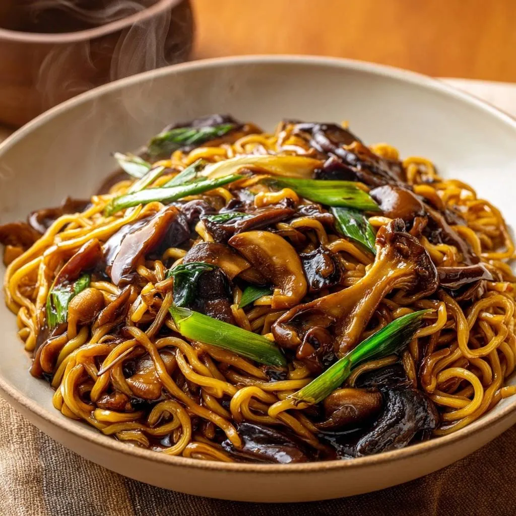 Shiitake mushroom lo mein in a steaming bowl, featuring glossy noodles and fresh green onions.