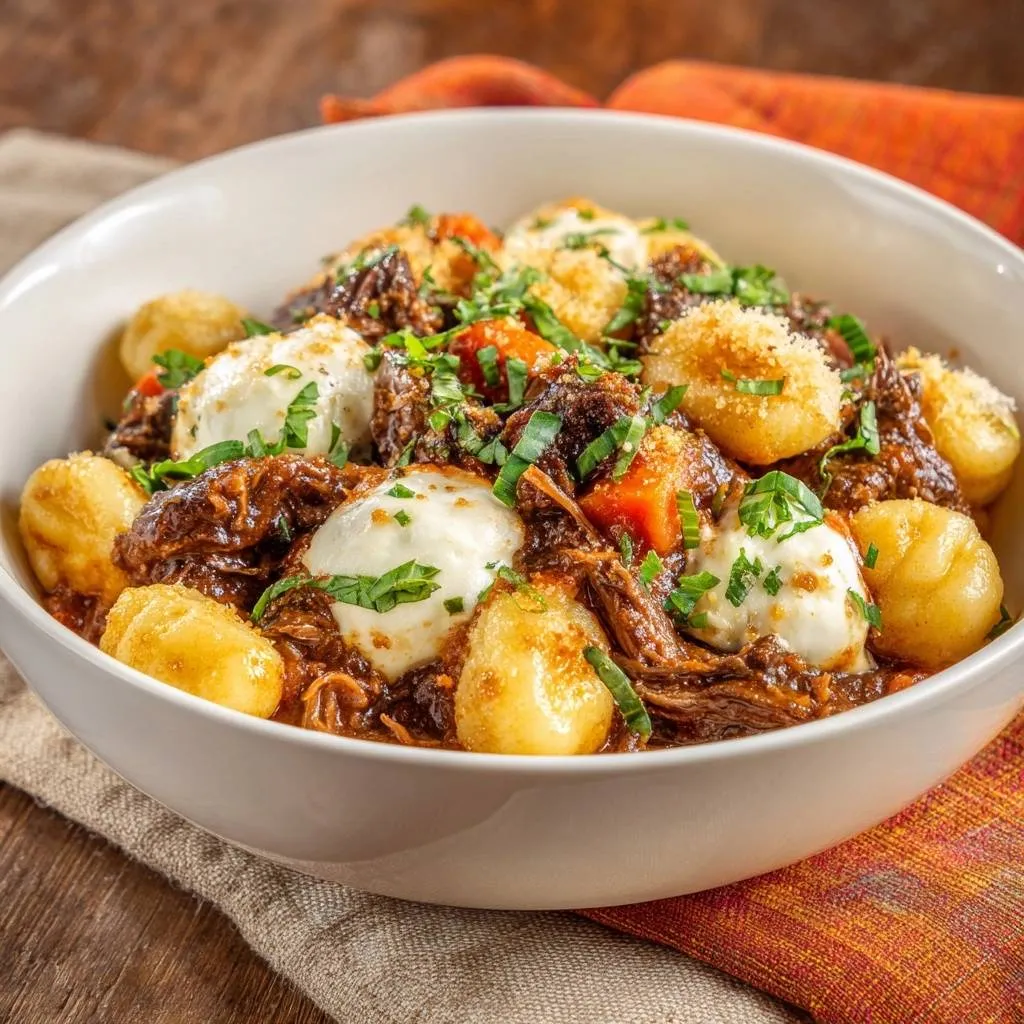 Short rib ragu gnudi with burrata served in a white bowl, a close-up view highlighting the rich sauce and creamy cheese.