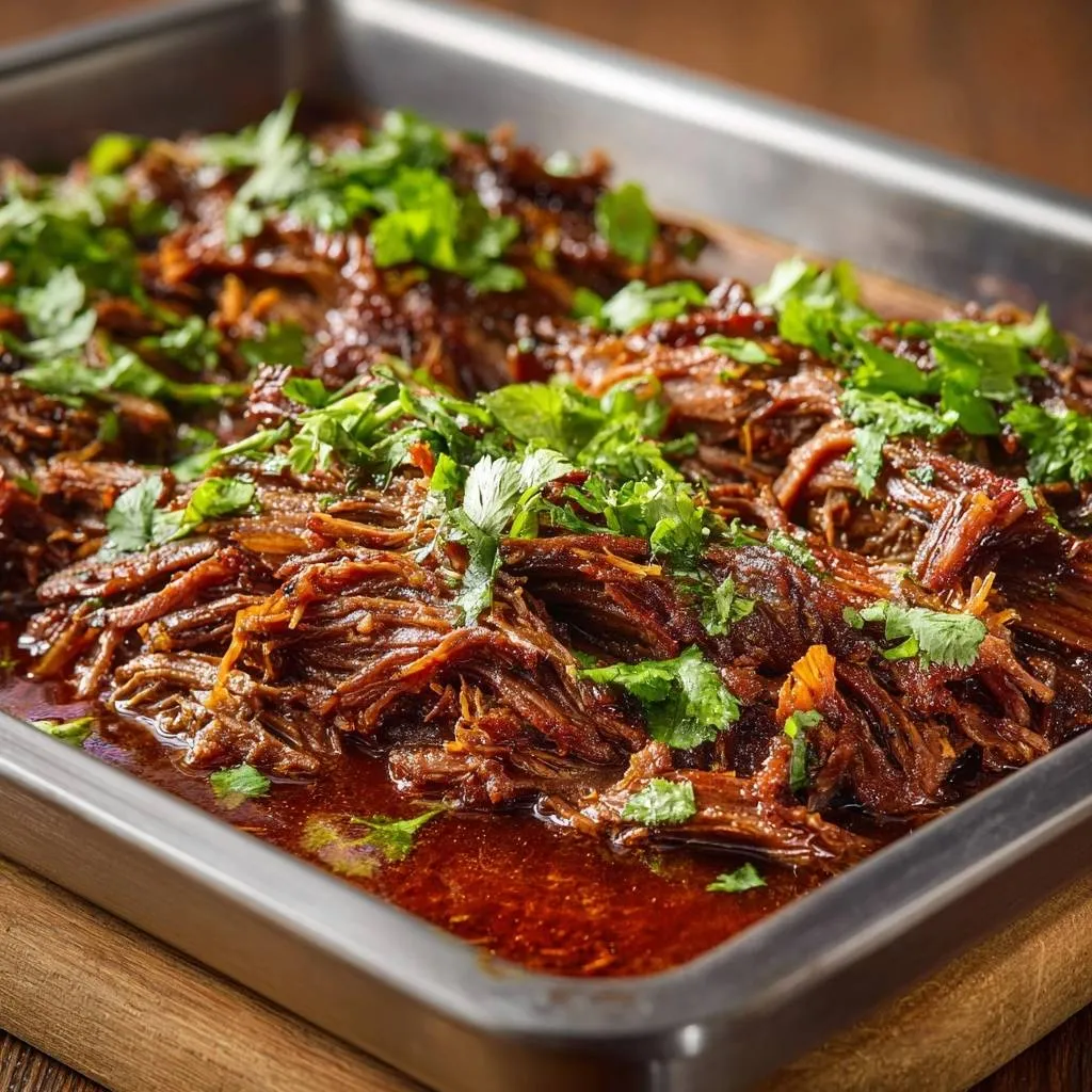 Shredded beef barbacoa in a metal pan, generously garnished with fresh cilantro leaves.