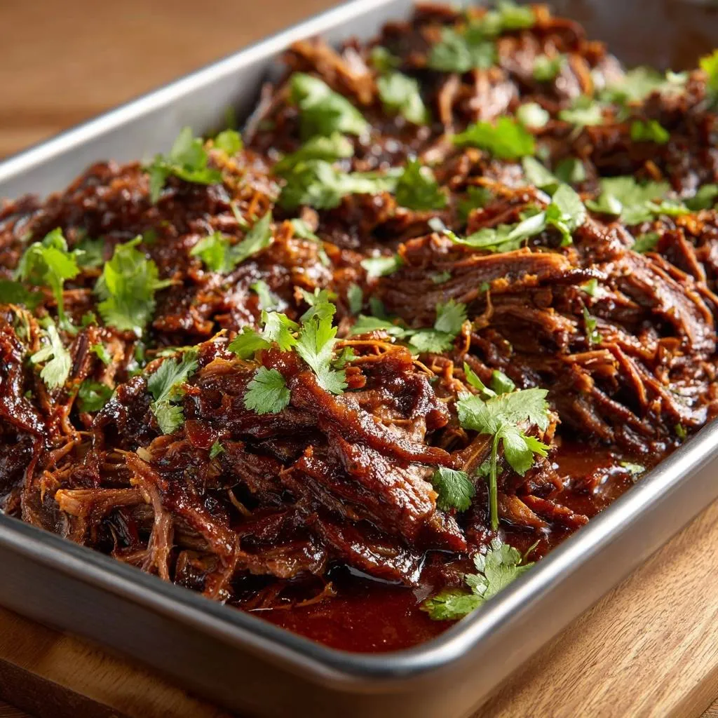 Shredded beef barbacoa in a pan, glistening with sauce and topped with fresh cilantro garnish.