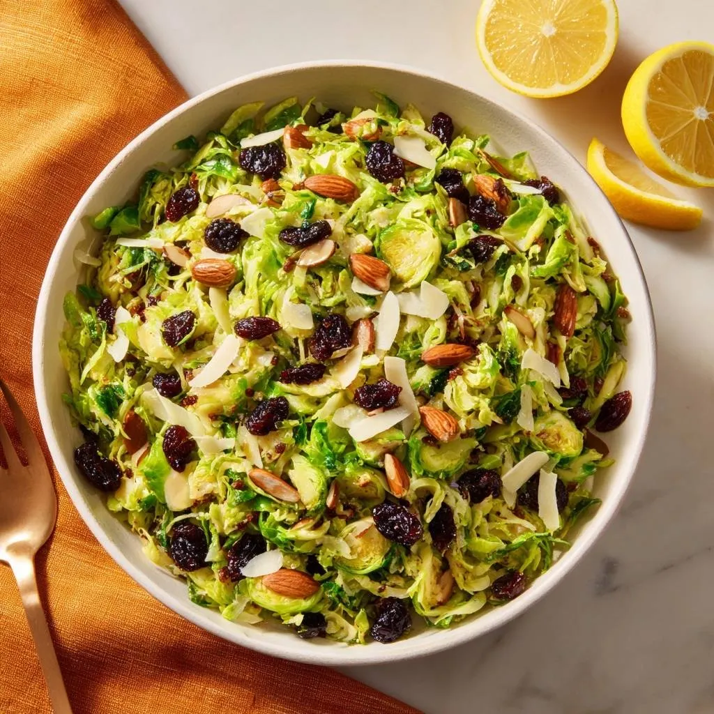 Shredded Brussels sprout salad with raisins and almonds served in a white bowl, viewed from directly above.