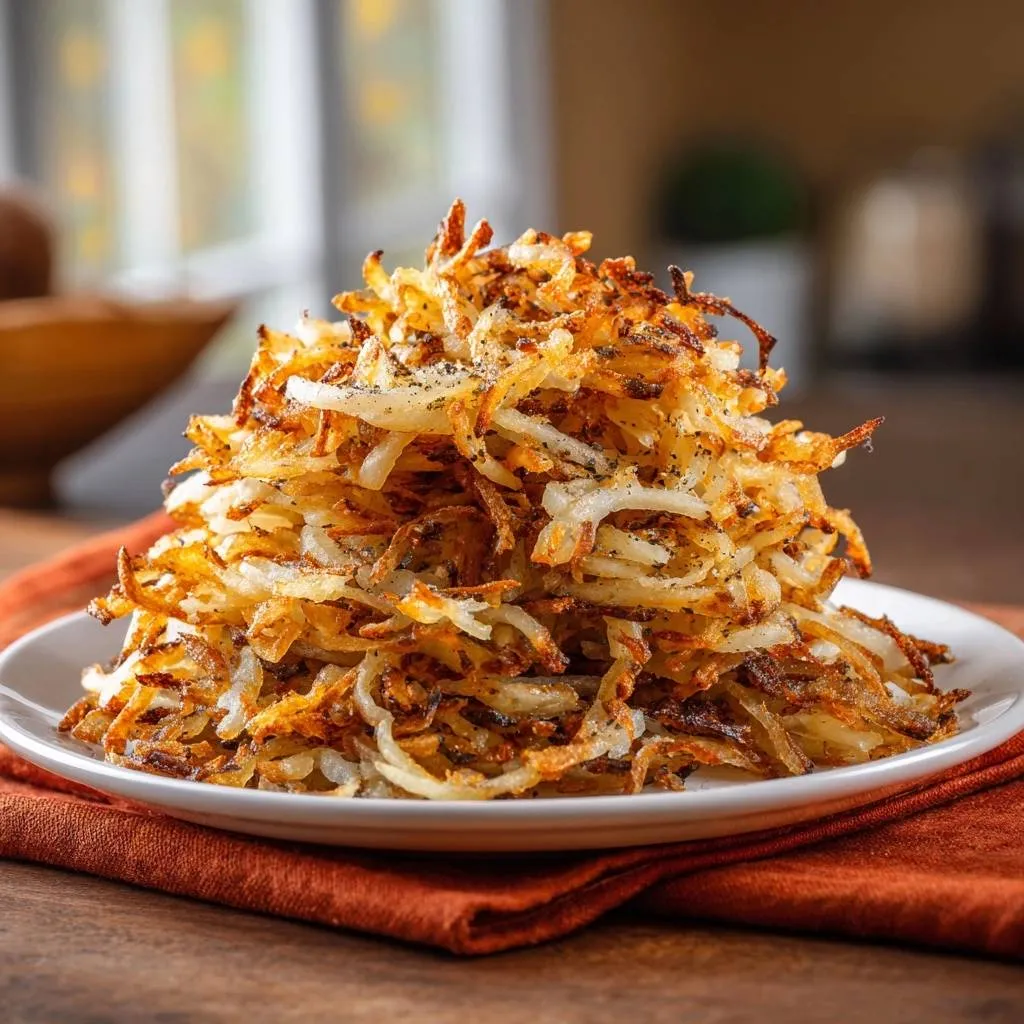 Golden crispy shredded hash browns piled high on a white plate, seasoned with black pepper.