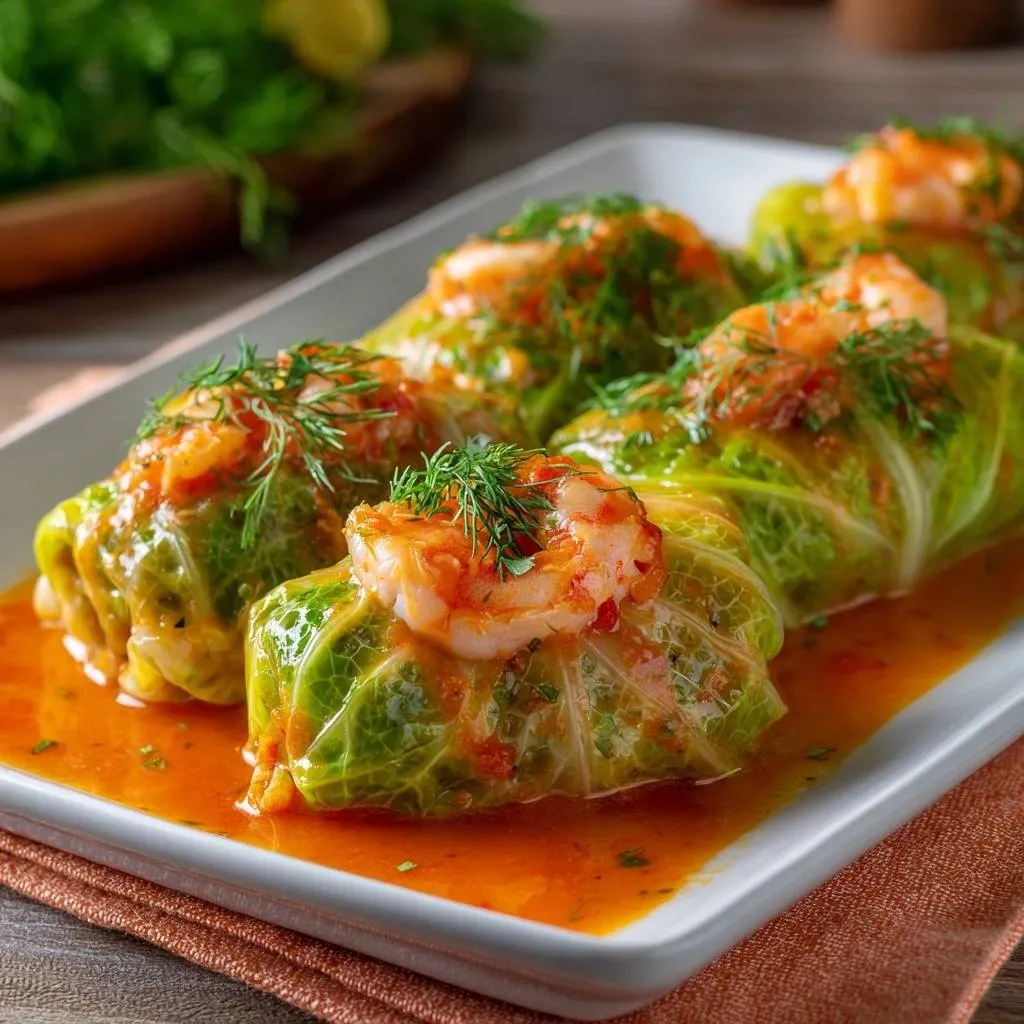 Shrimp dill cabbage rolls plated in a white dish with a side view, showcasing the glossy sauce and dill garnish.