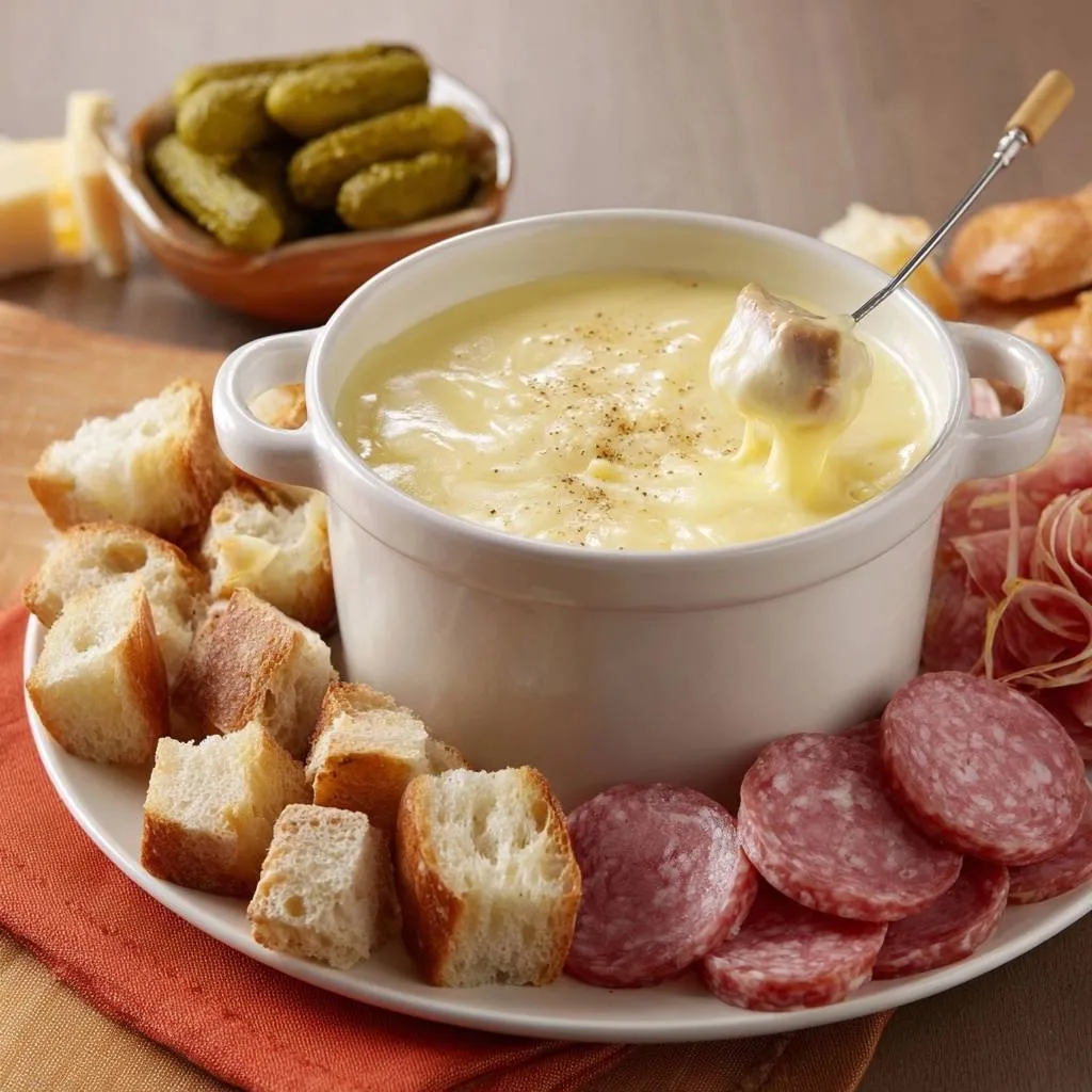 Silky cheese fondue with a cube of bread being dipped from the communal pot, surrounded by bread and salami.