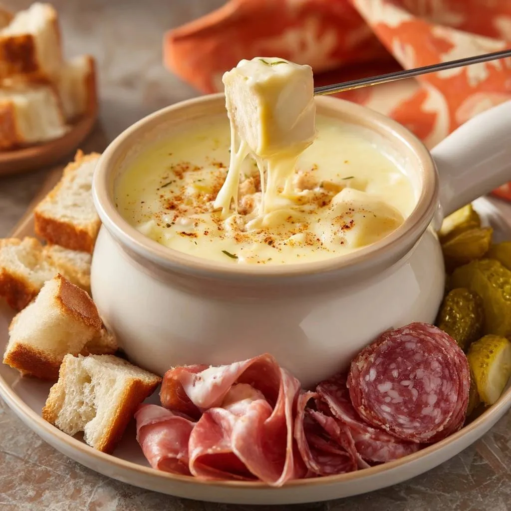 Silky cheese fondue with a piece of bread being dipped into the melted cheese, served with charcuterie.