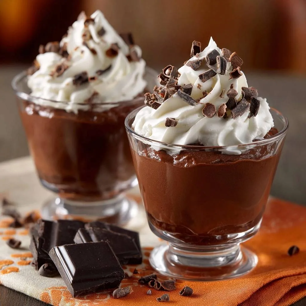 Silky chocolate mousse pots with whipped cream and chocolate shavings, a close-up of two servings.