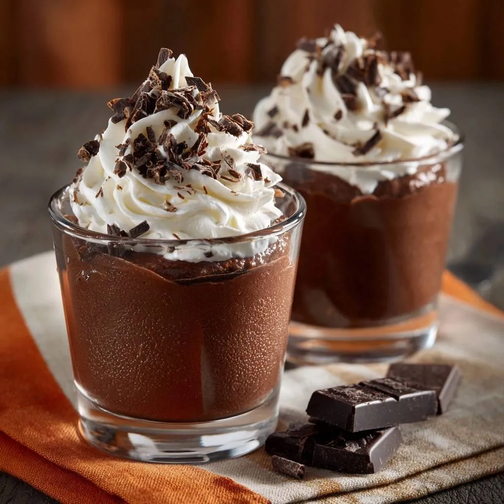 Silky chocolate mousse pots topped with whipped cream and dark chocolate shavings, served in clear glasses.