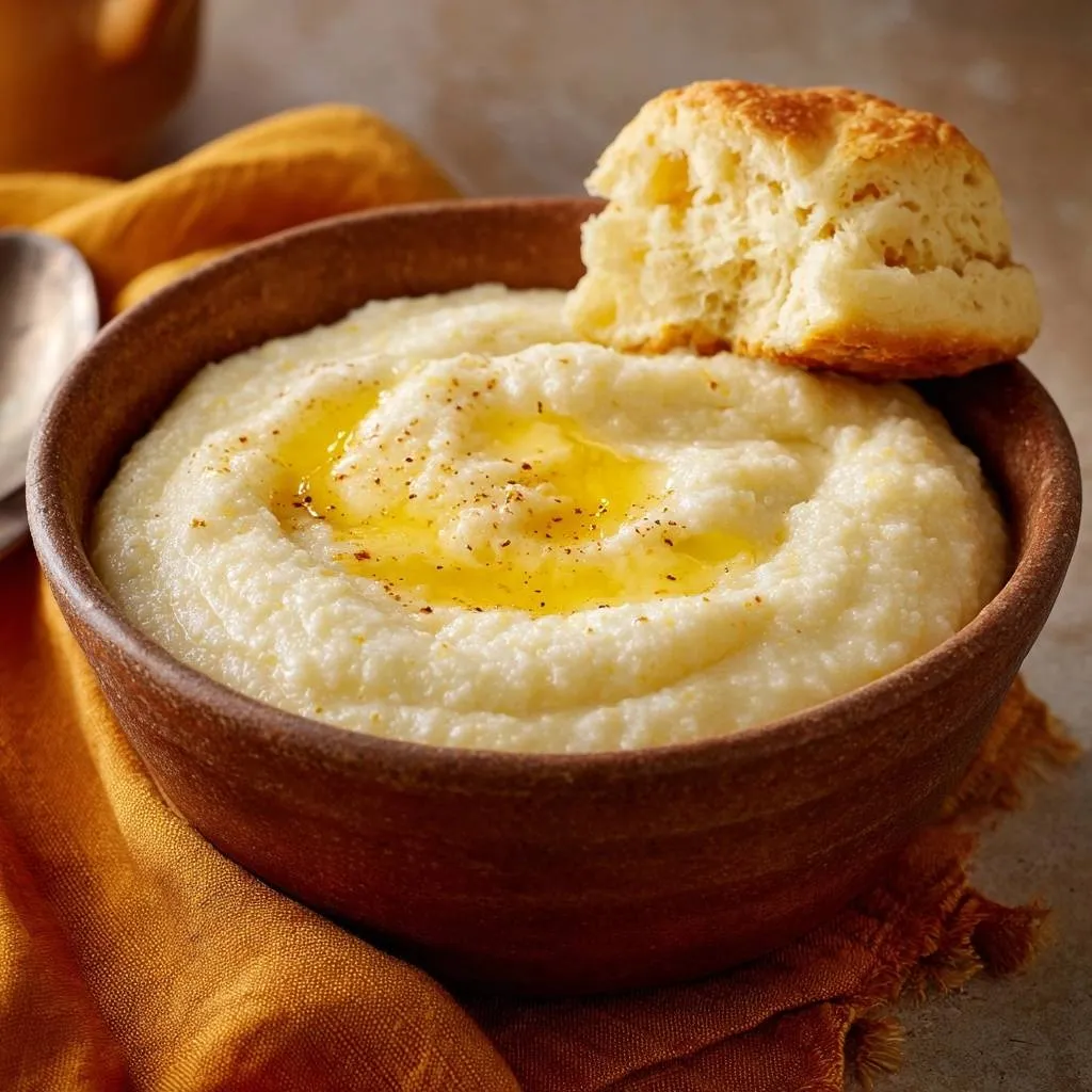 Silky Southern Grits topped with melted butter and a golden biscuit garnish for a comforting breakfast.