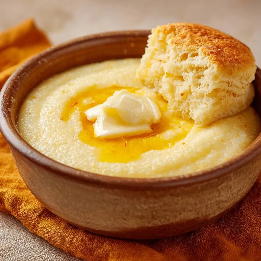 Silky Southern Grits with a pat of melting butter and a biscuit close-up in a rustic bowl.
