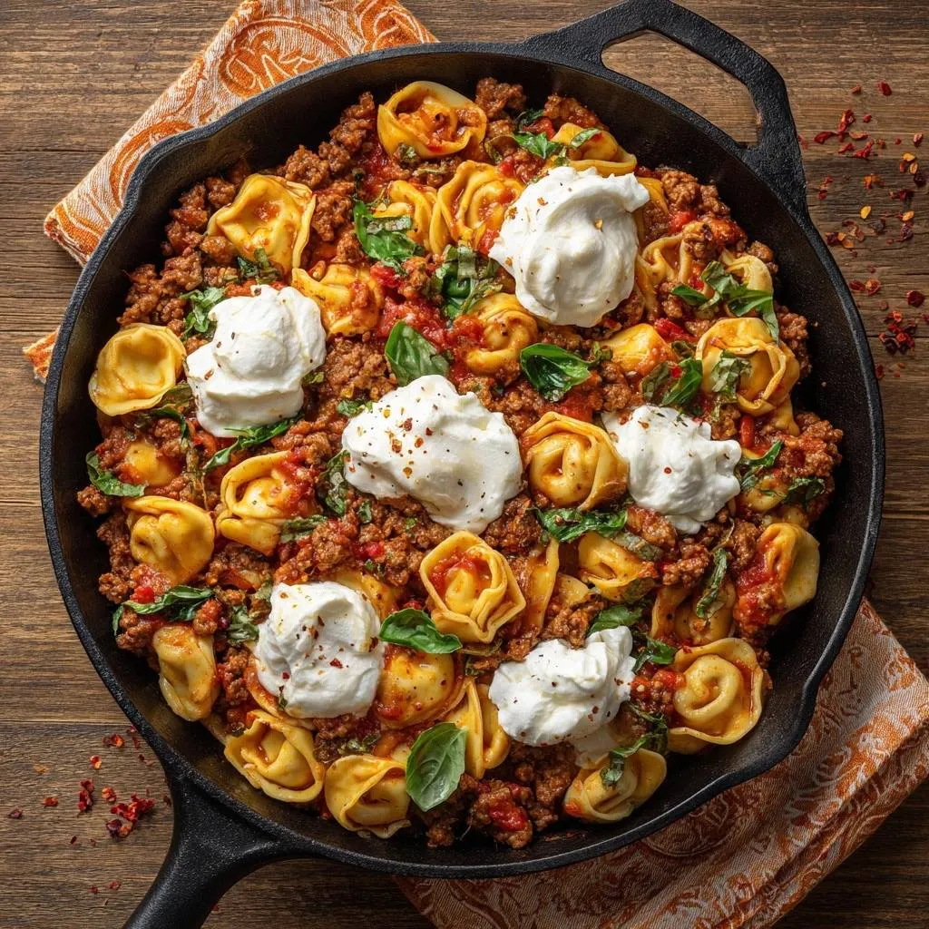 Skillet beef tortellini with ricotta cheese and basil, presented in a cast-iron pan from an overhead perspective.