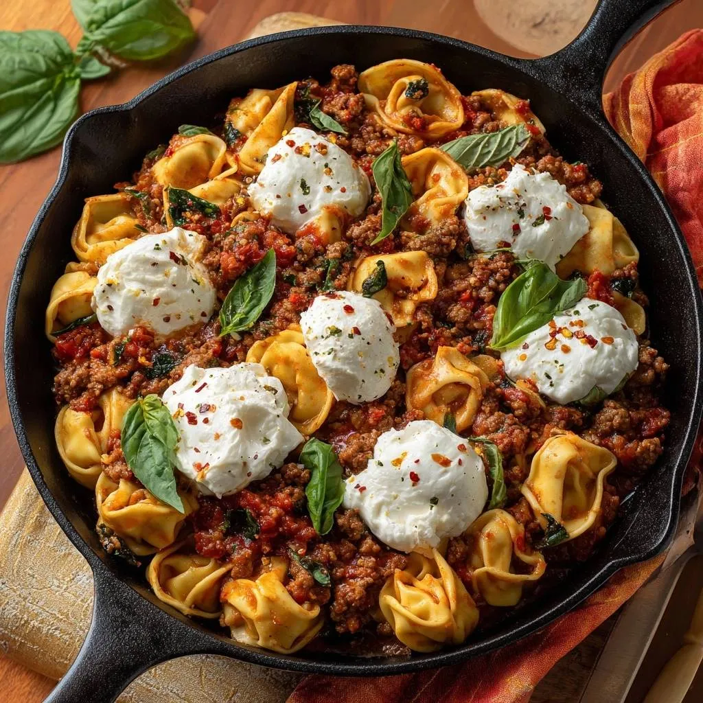Skillet beef tortellini with ricotta dollops topped with fresh basil and chili flakes in a cast iron pan.
