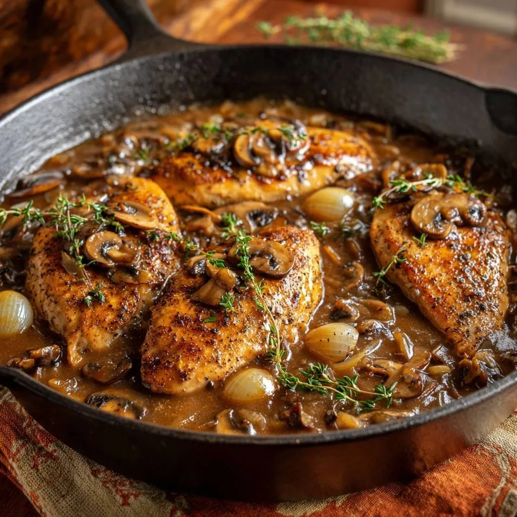 Skillet chicken breasts with mushrooms, pearl onions, and thyme simmering in a cast-iron skillet, garnished with fresh thyme sprigs.