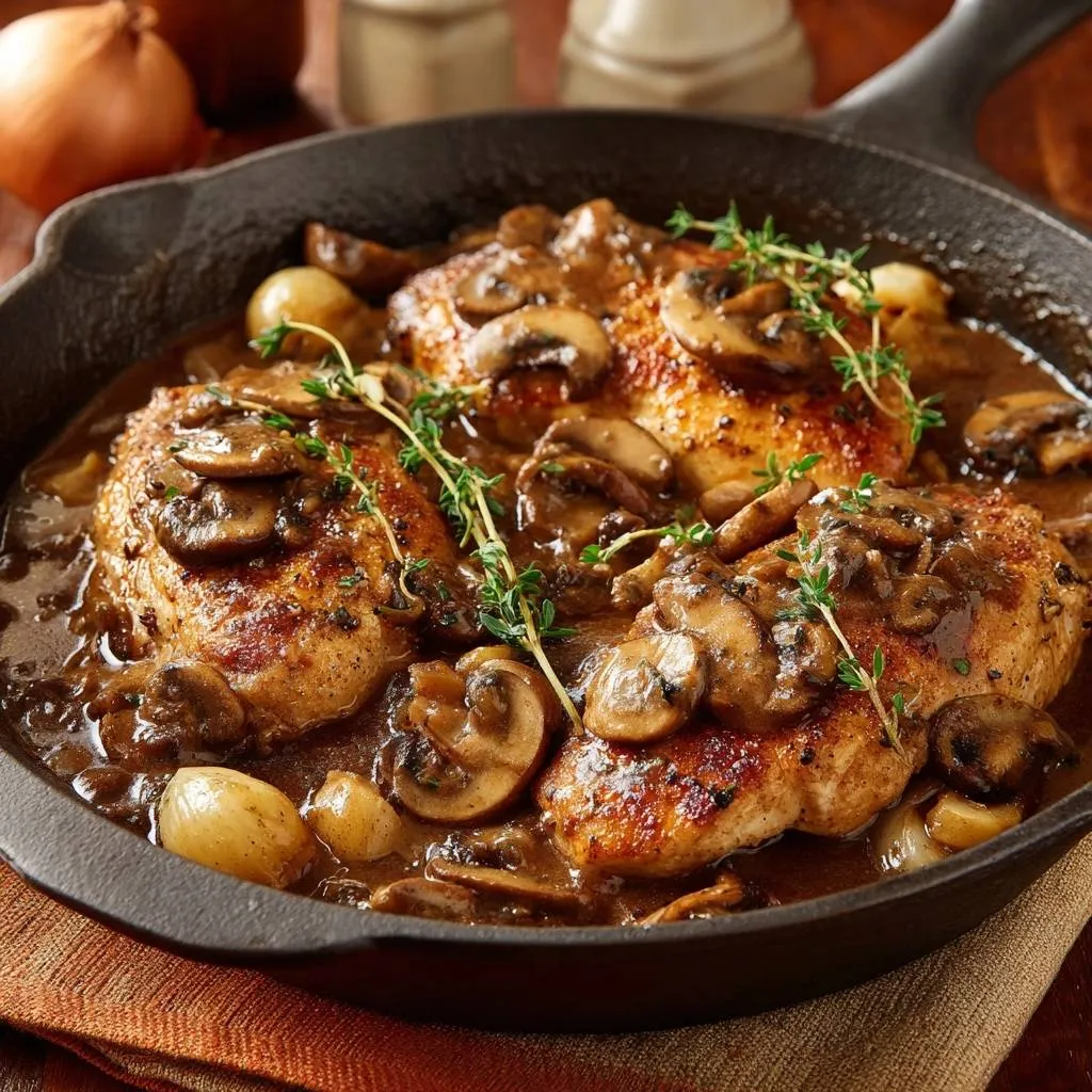 Skillet chicken breasts with mushrooms, pearl onions, and thyme, showcasing a close-up detail of fresh thyme garnish.