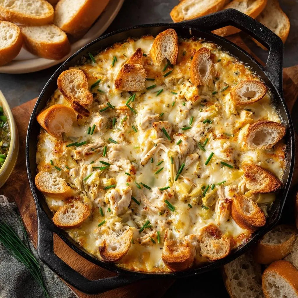Skillet crab artichoke dip served warm in a cast iron skillet, surrounded by toasted crostini and garnished with chives.