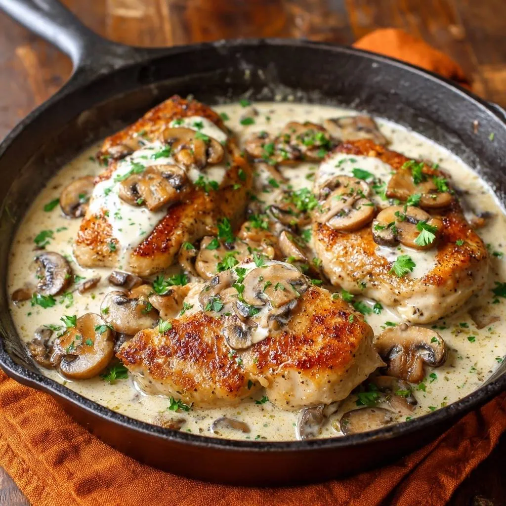 Skillet creamy mushroom chicken served in a cast-iron pan with sliced mushrooms and fresh parsley garnish.