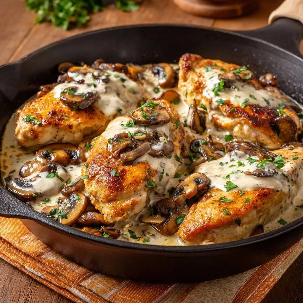 Skillet creamy mushroom chicken served in a cast-iron pan, garnished with fresh parsley.