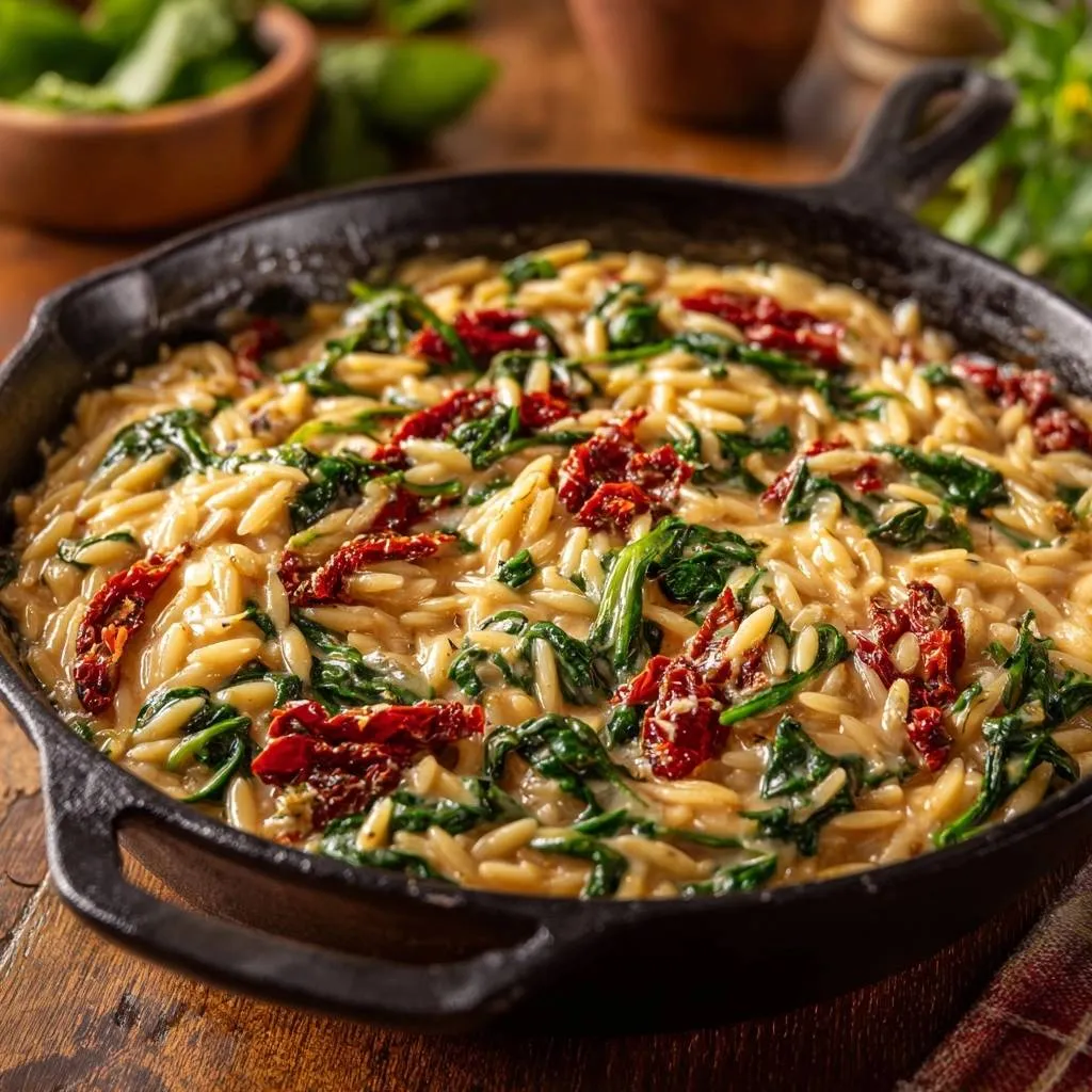 Skillet Creamy Spinach Sun-Dried Tomato Orzo - recipe image
