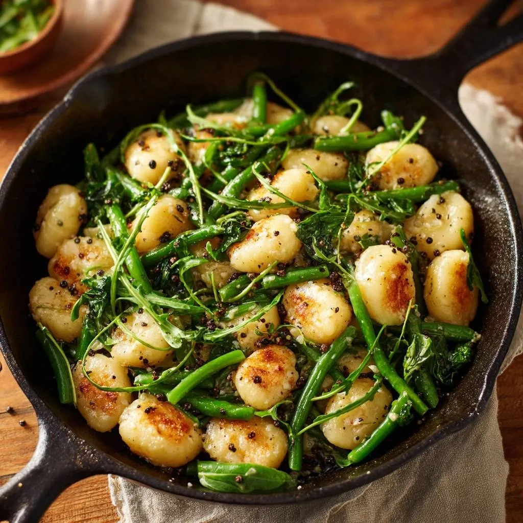 Skillet gnocchi with green beans and watercress served warm in a rustic cast iron skillet.
