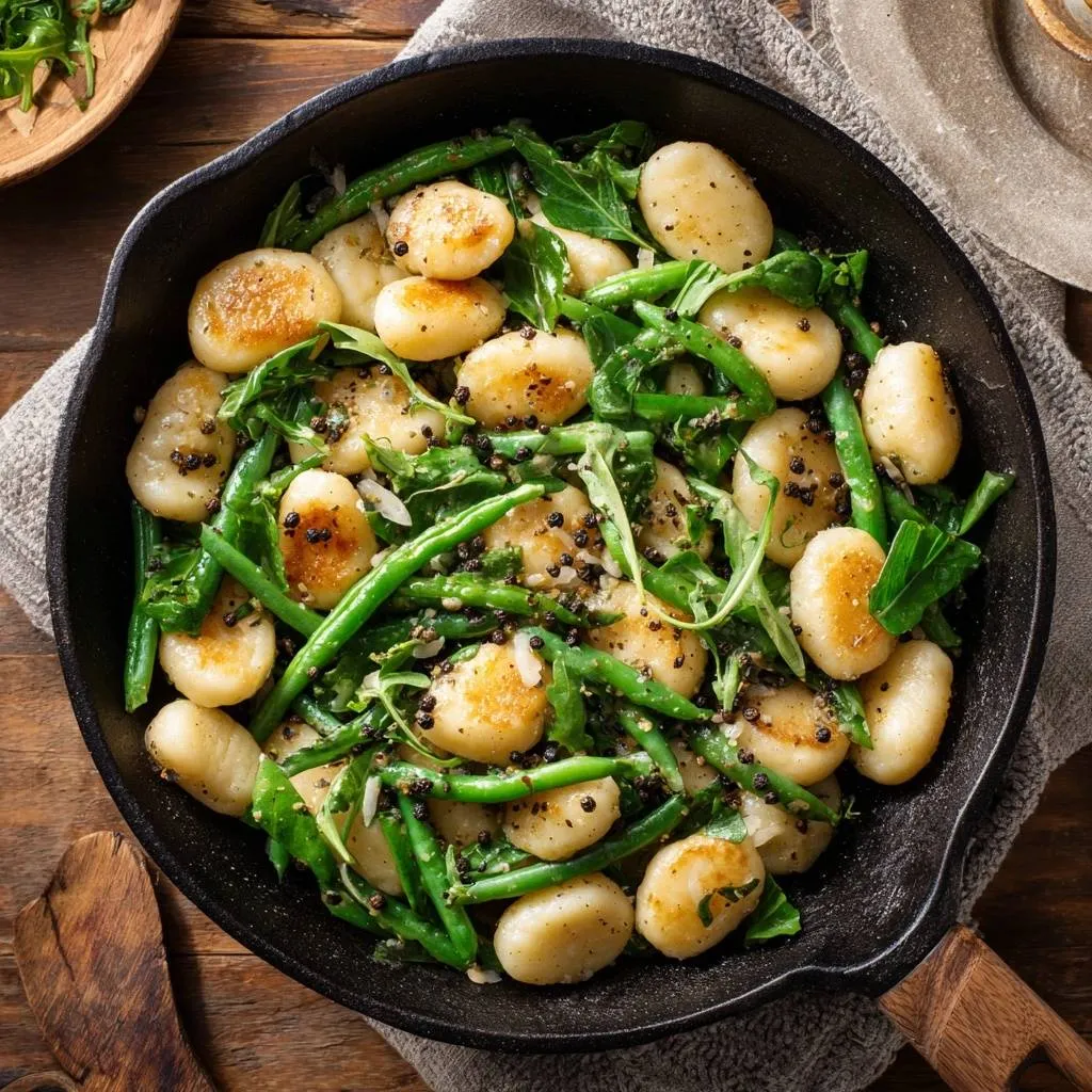 Skillet gnocchi with green beans and watercress served in a cast iron pan, viewed from directly above.
