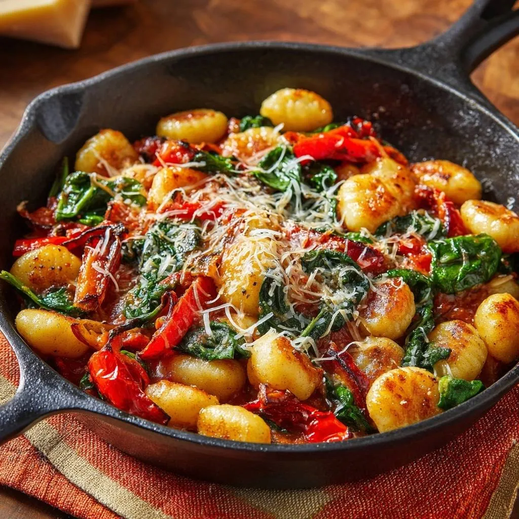 Skillet gnocchi with spinach, peppers & bacon served in a cast iron pan, showing a close-up of the texture and ingredients.
