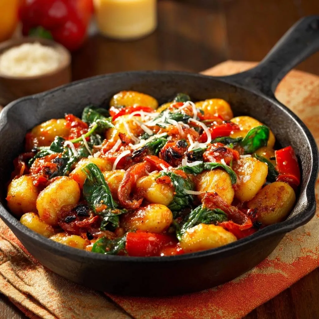Skillet gnocchi with spinach, peppers & bacon served in a rustic cast iron skillet, showcasing the rich tomato sauce.