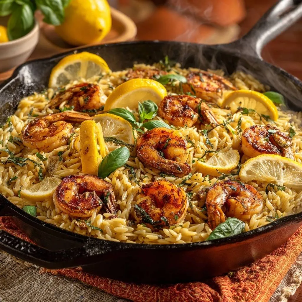 Skillet lemon herb shrimp orzo served in a cast iron pan, garnished with lemon slices and fresh basil.