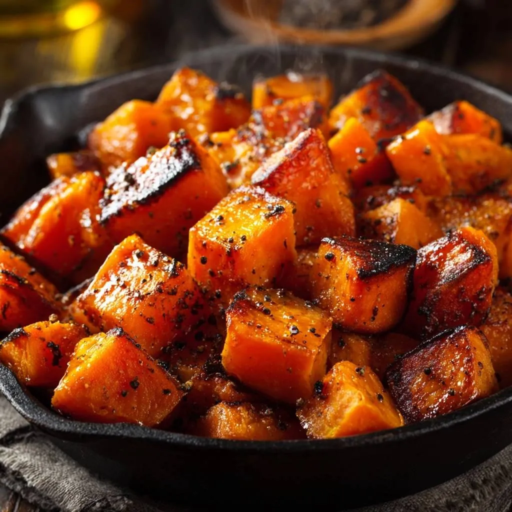 Skillet roasted butternut squash with a glistening glaze and flecks of pepper in a cast iron pan.