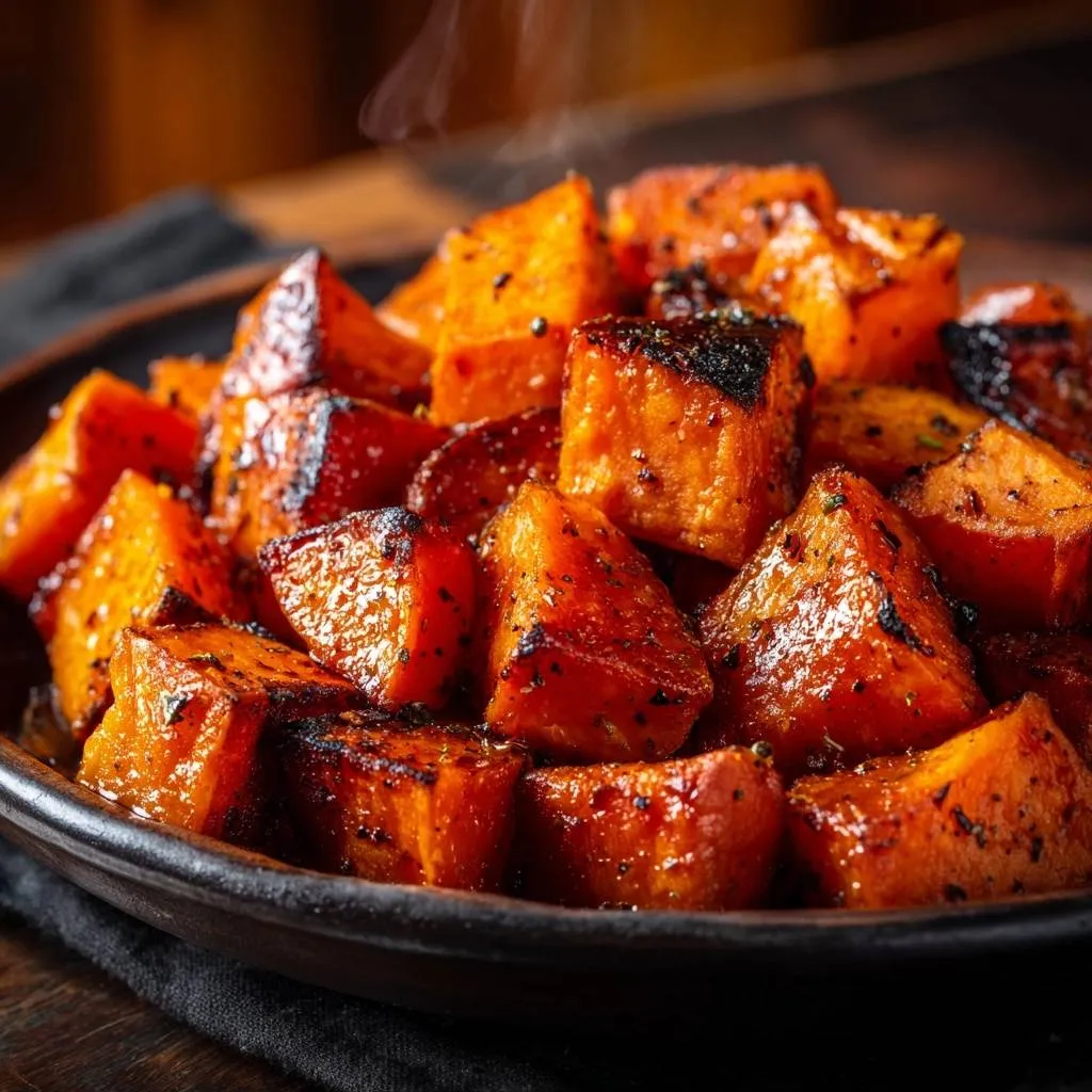 Skillet roasted butternut squash with steam rising, showing cubes with blackened edges in a dark bowl.