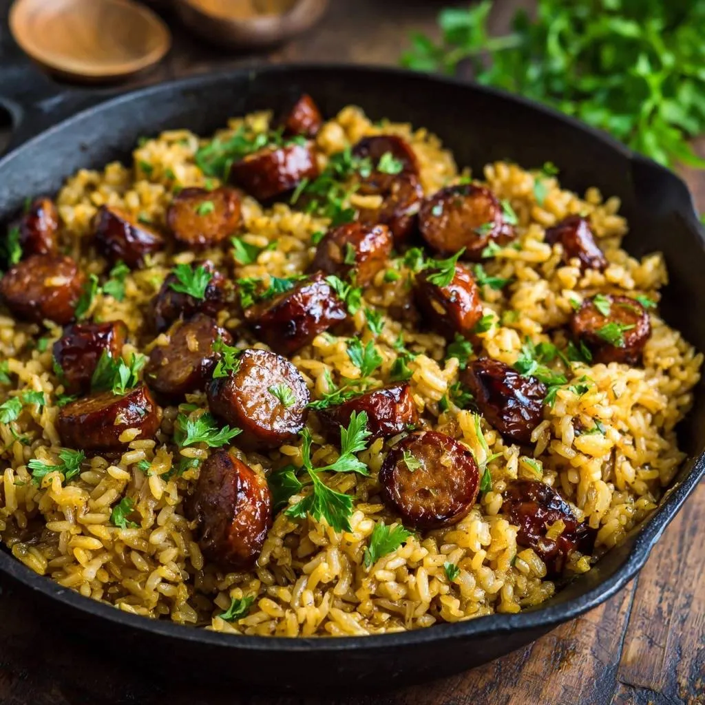 Skillet sausage and rice shown in a close-up overhead view, garnished with fresh parsley.