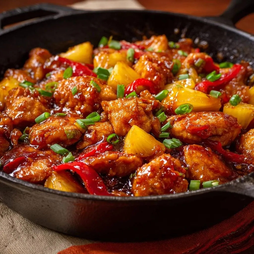 Skillet sweet and sour chicken with a glossy glaze shown in a close-up of the cast iron pan with pineapple and peppers.