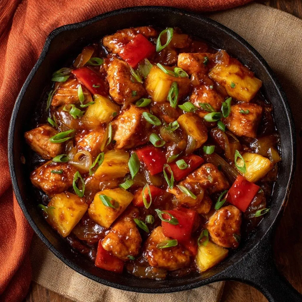 Skillet sweet and sour chicken with a glossy glaze shown in a close-up overhead view in a cast iron pan.