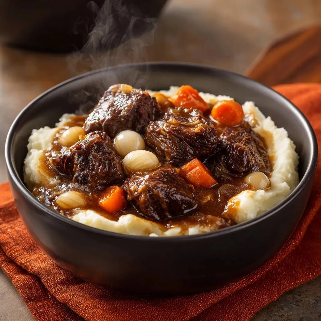 Slow braised beef and carrots served steaming hot over mashed potatoes in a dark bowl.
