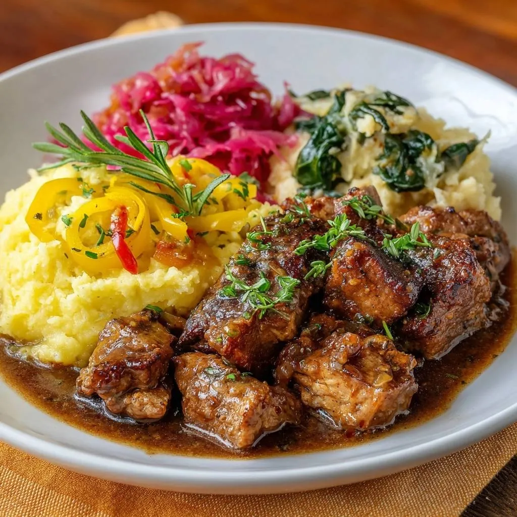 Slow braised beef tips with creamy polenta, served with pickled red cabbage and sauteed spinach on a white plate.