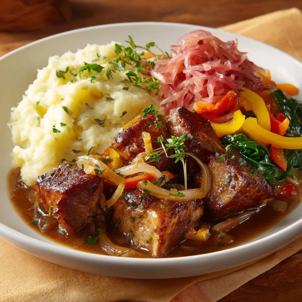 Slow braised beef tips with creamy polenta, colorful peppers, and spinach served on a white plate.
