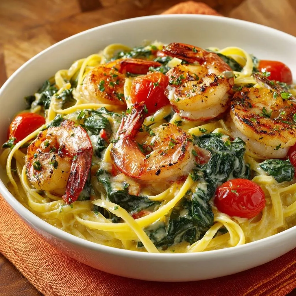 Slow-cooked savory pot roast served in a creamy pasta dish with shrimp and spinach.