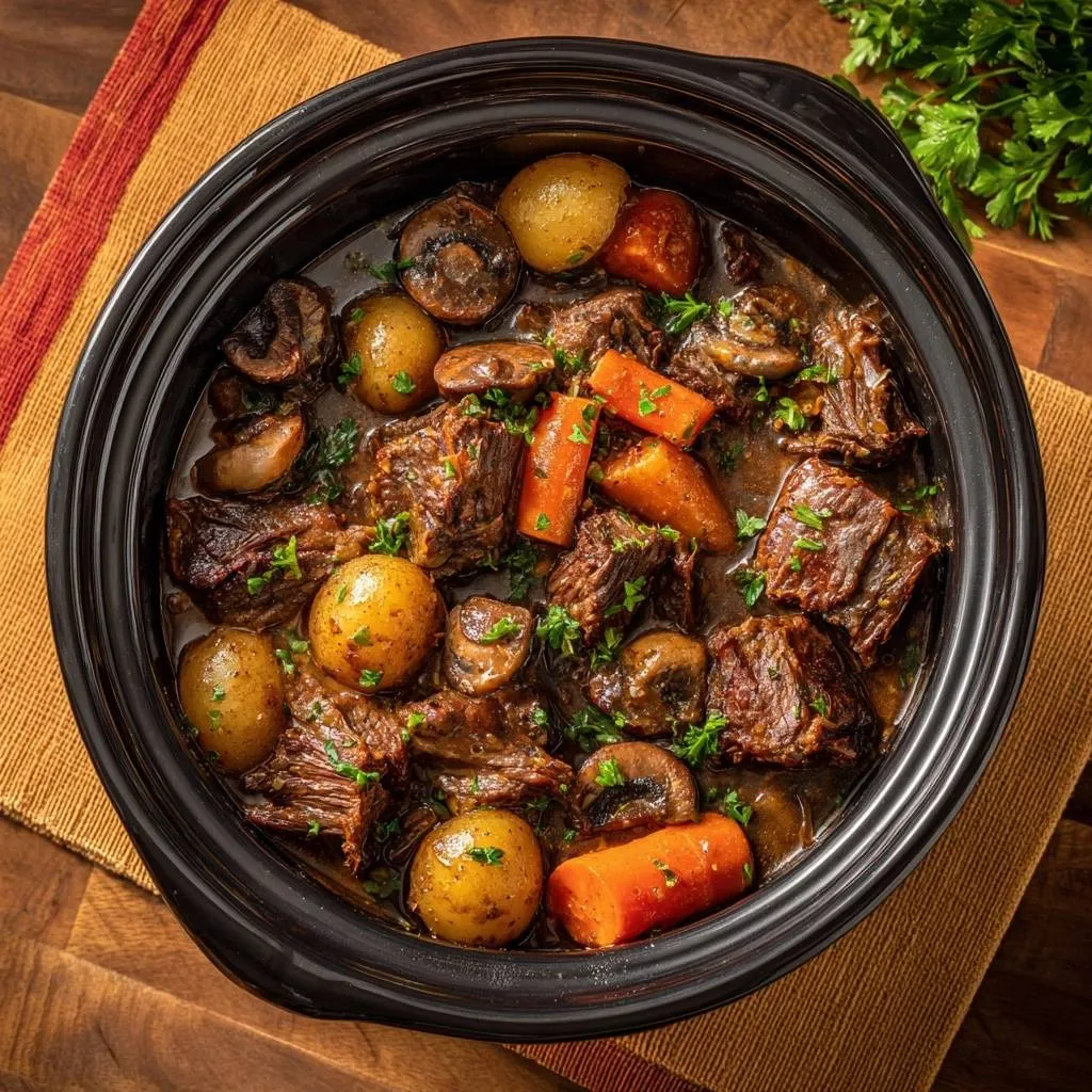 Slow cooker beef stew with tender beef, potatoes, carrots, and mushrooms in a crock, viewed from above.