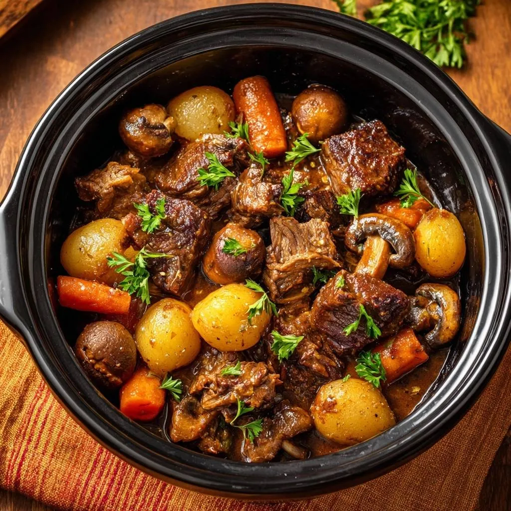 Slow cooker beef stew featuring tender beef chunks, potatoes, carrots, and mushrooms in a rich gravy, served in a black pot.