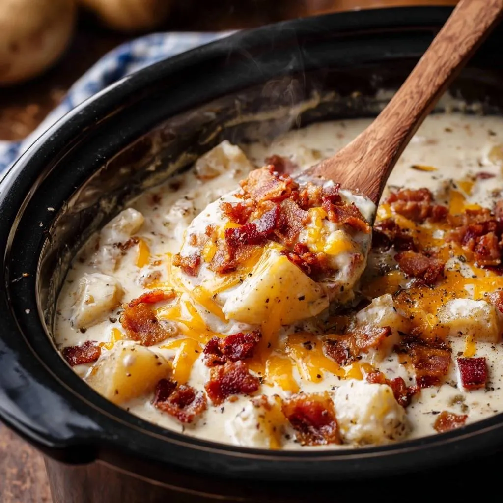 Slow cooker loaded potato soup topped with bacon and cheese being served with a wooden spoon from the crock.