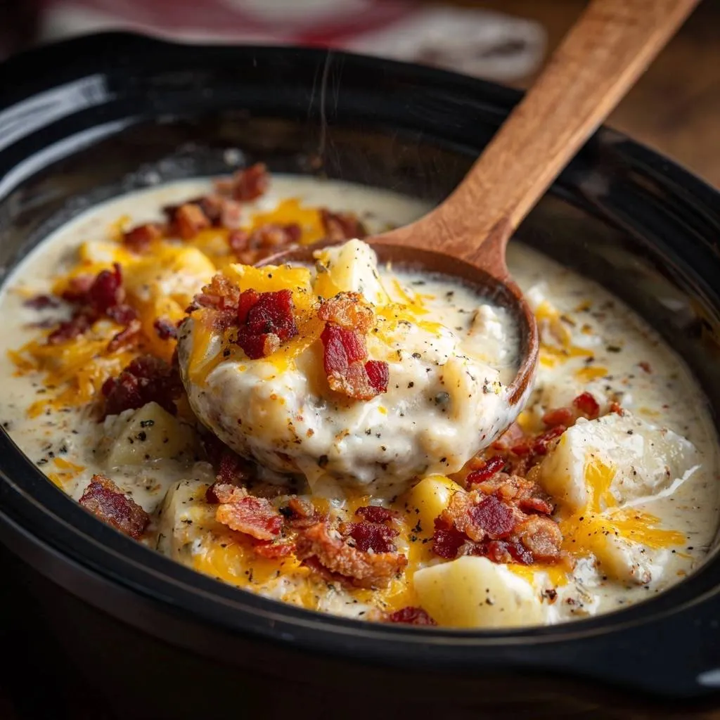 Slow cooker loaded potato soup being served with a wooden spoon, showing a close-up of the creamy texture and bacon topping.
