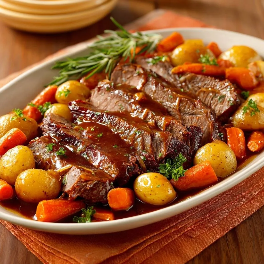 Slow roasted beef pot roast, sliced and served with carrots and potatoes in a rich gravy.