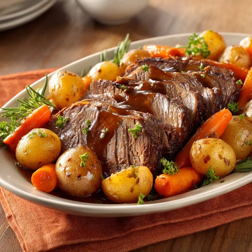 Slow roasted beef pot roast sliced and served with tender carrots and potatoes on a platter.