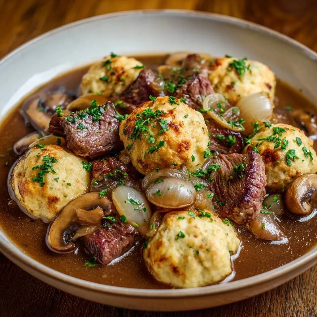 Slow-simmered beef stew with herb dumplings served in a bowl, showcasing tender meat and fluffy dumplings.