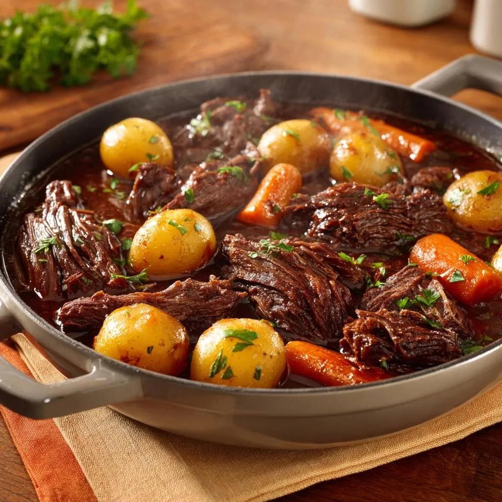 Slow-simmered red wine beef stew with potatoes and carrots steaming in a Dutch oven.